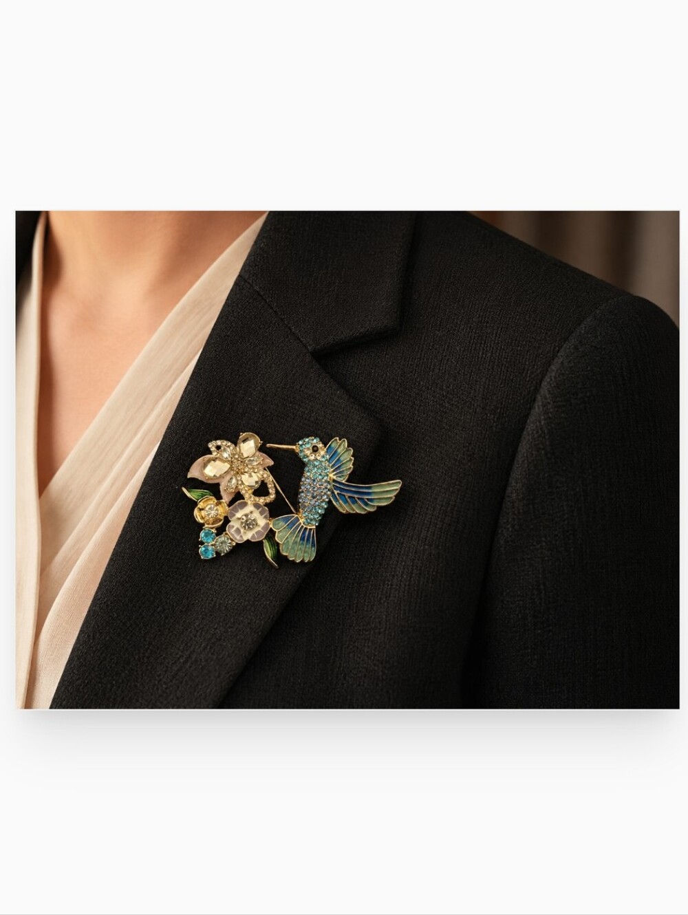 Anne Klein Blue and Pink Rhinestone Hummingbird Brooch
